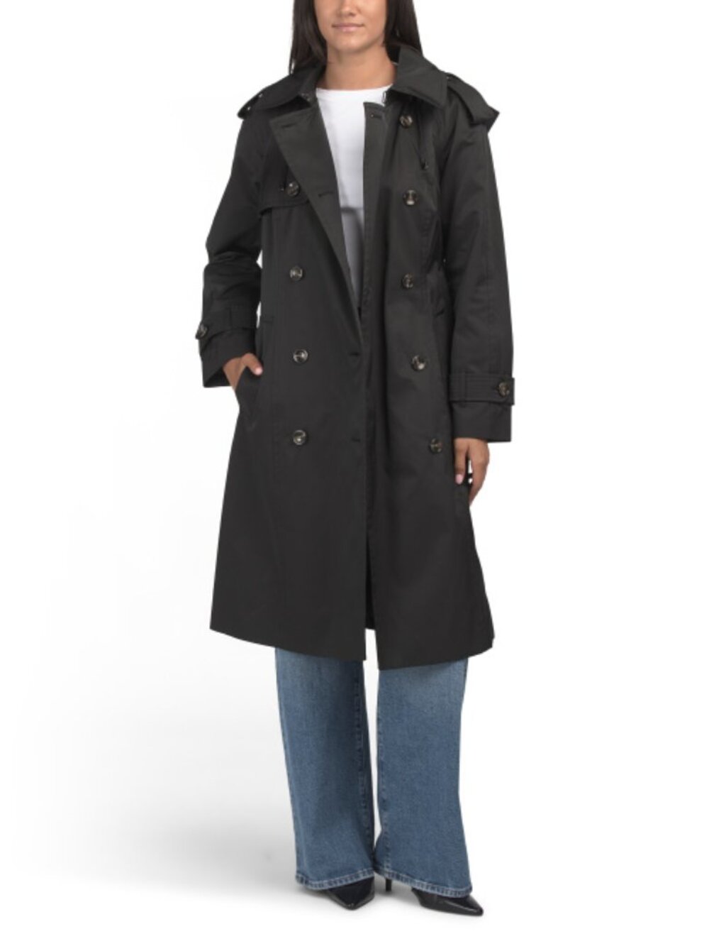 LONDON FOG Long Belted Trench Coat With Detachable Hood